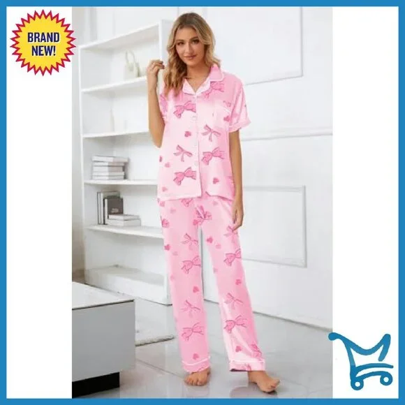 Satin Pajama Set Short Sleeve Button Down Lounge Wear Women's - Picture 5 of 8